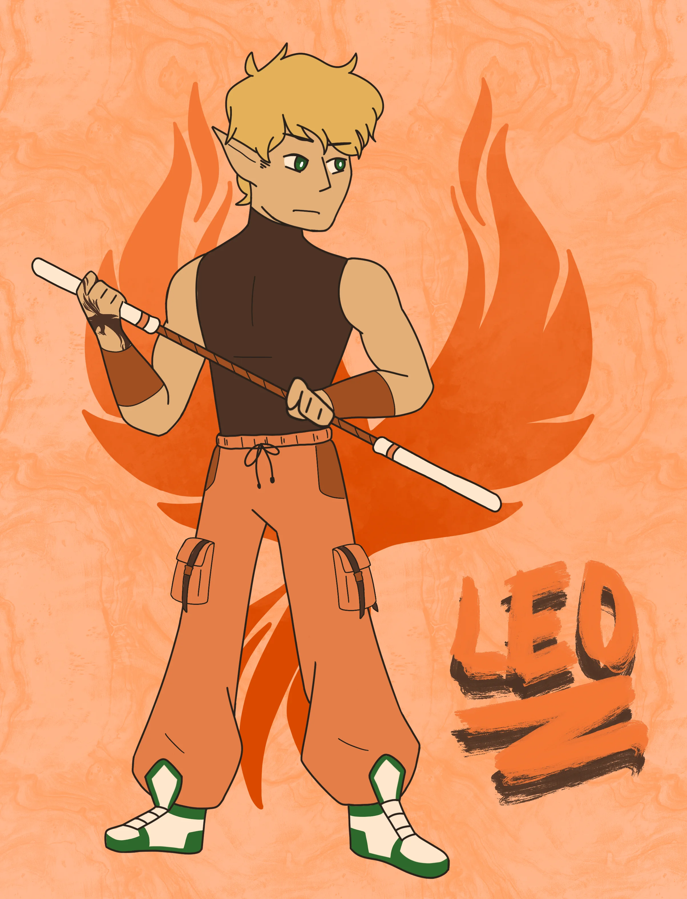 Elf with a black tank top and orange pants